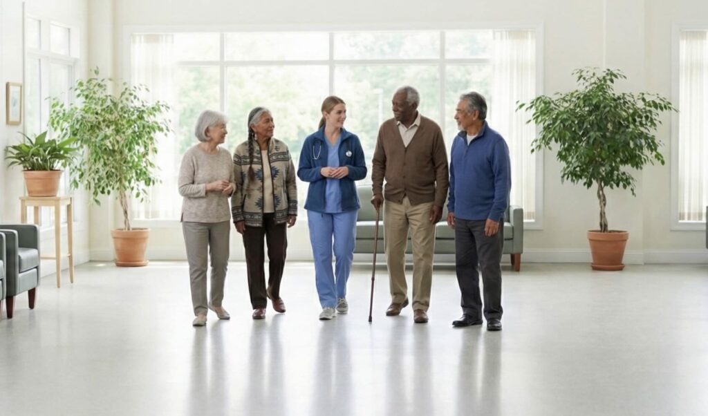Group of elderly residents walking with physical therapists in a brightly lit hospital corridor.